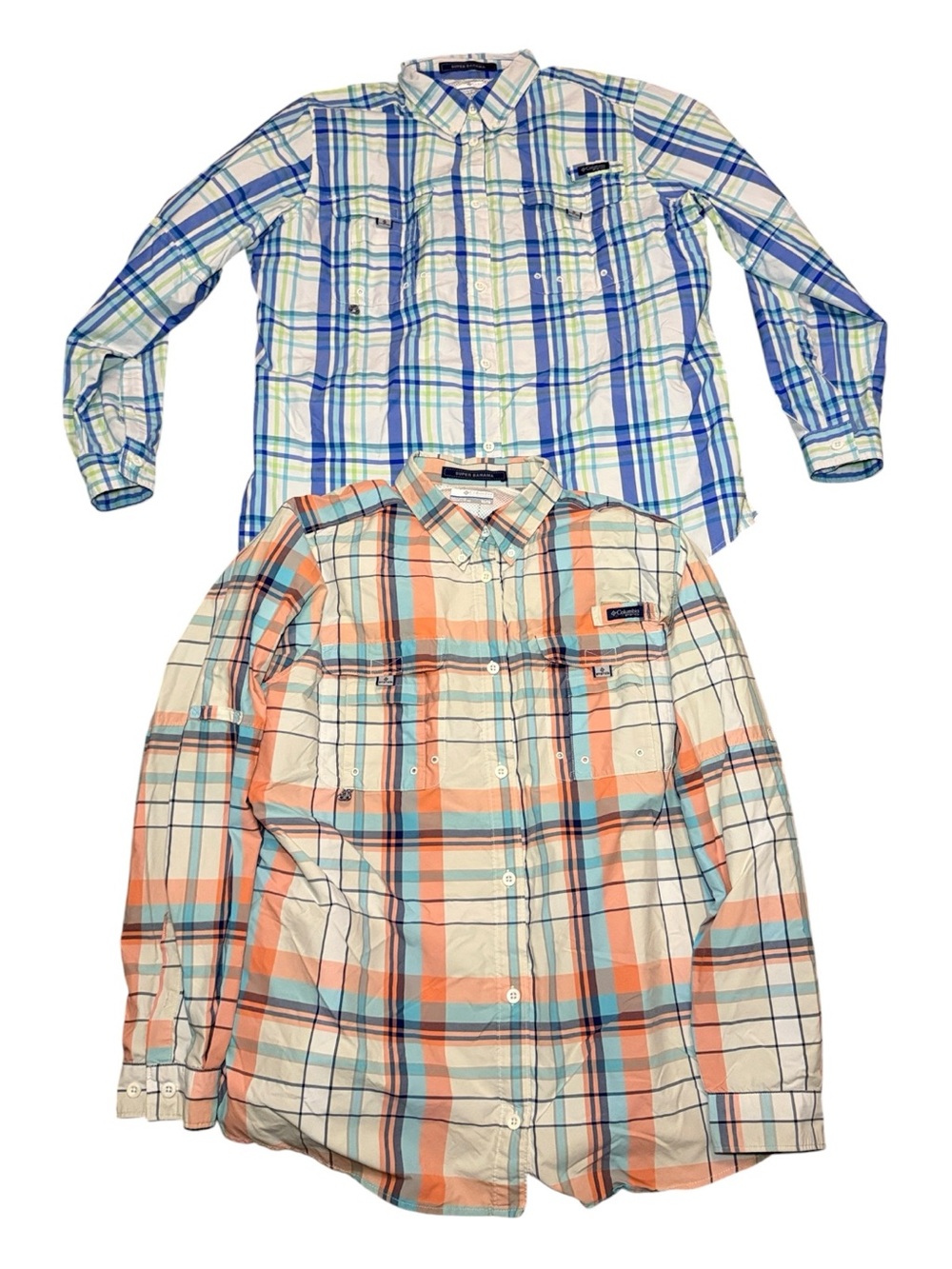 Columbia PFG Super Bahama LOT of 2 Long Sleeve Button Up Plaid Fishing Shirts XL